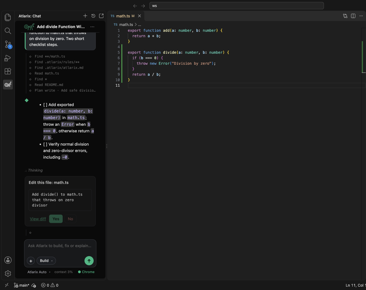 Atlarix in VS Code after building the plan: the change applied to the file