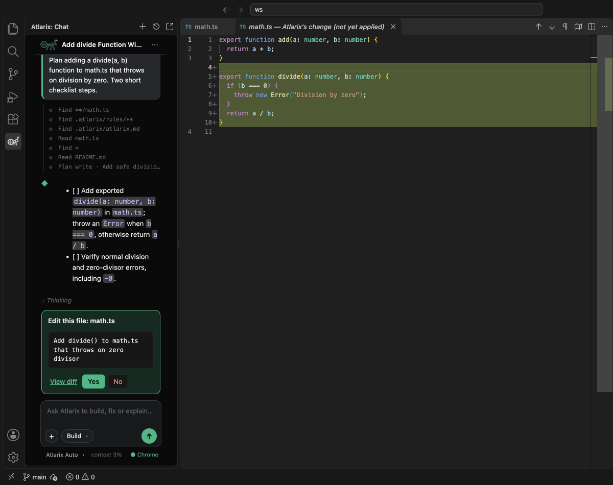 Atlarix in VS Code: an edit waiting for approval in the editor's side-by-side diff