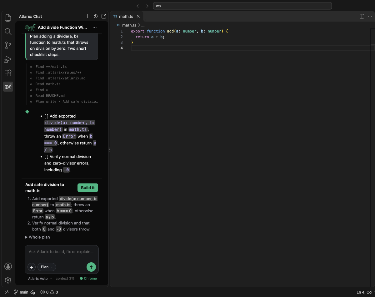 Atlarix plan mode in VS Code: a step-by-step plan with a Build it button